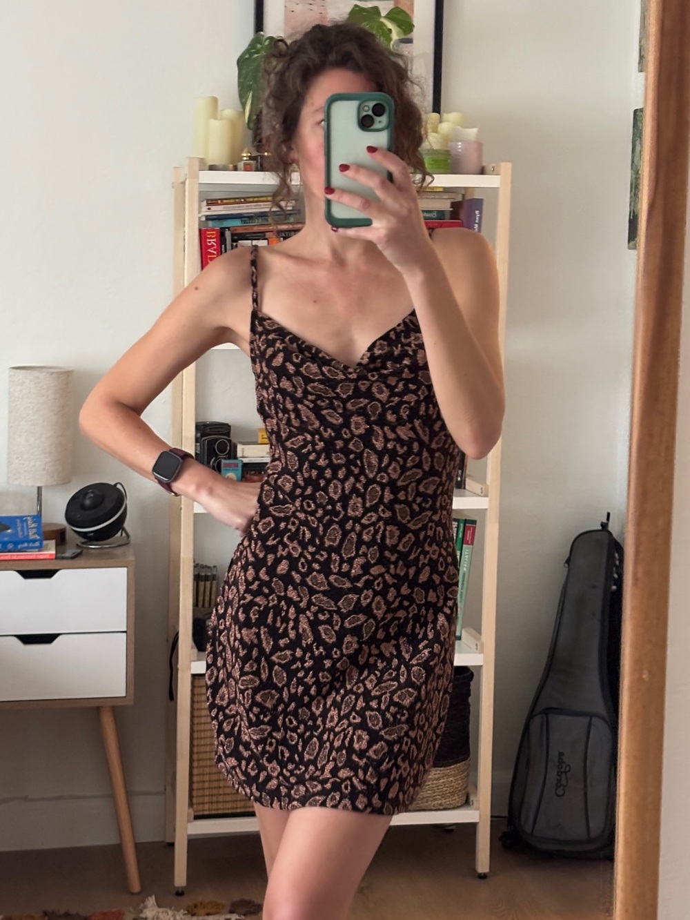 Forever 21 Black & Brown Sparkly Cowl Neck Leopard Slip Dress - Spaghetti Straps